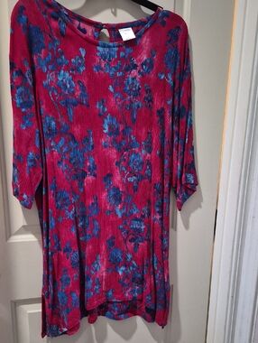 Women's Magenta Floral Tunic Dress with Blue Print